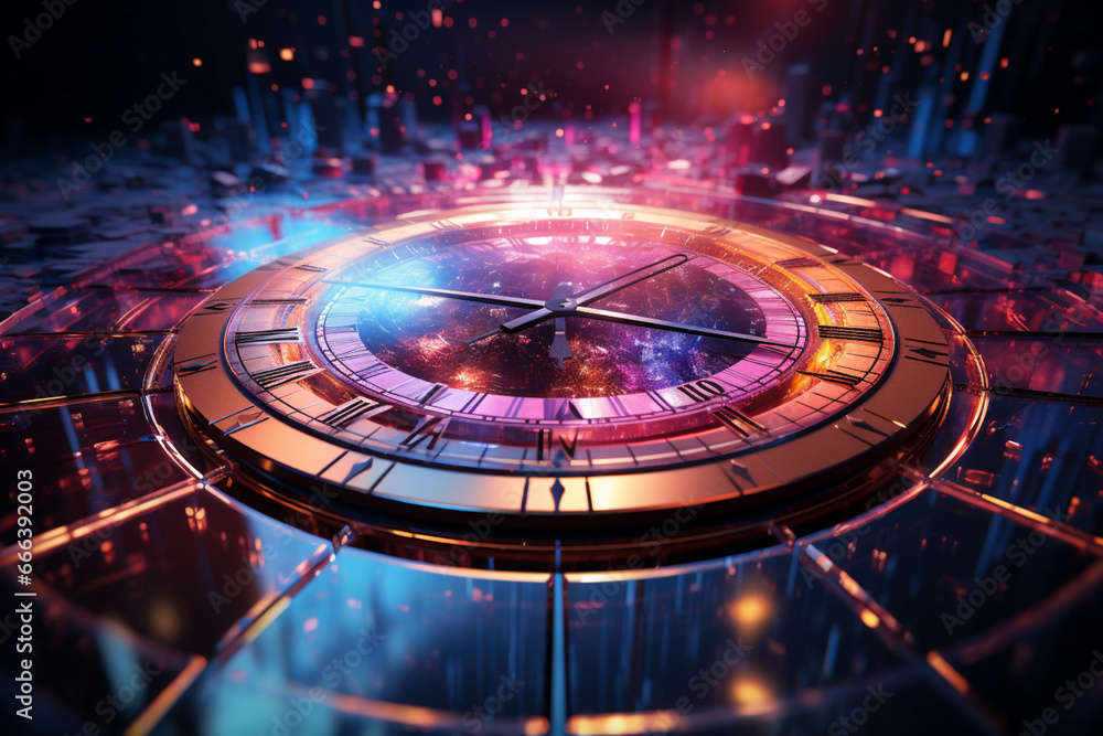 Poster a futuristic new year background with holographic elements and a space-themed countdown.