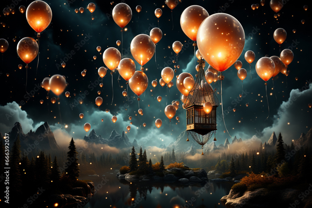 Poster a dreamy and surreal new year background with floating balloons and stars.