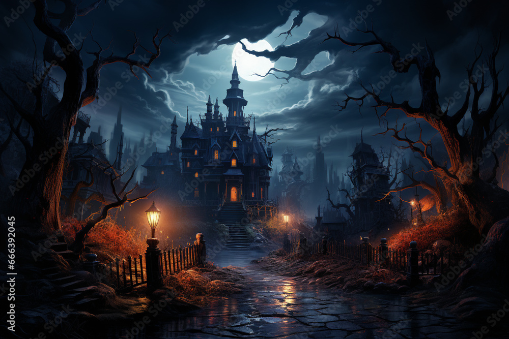 Aufkleber A haunted mansion with a full moon and spooky clouds in the background.  