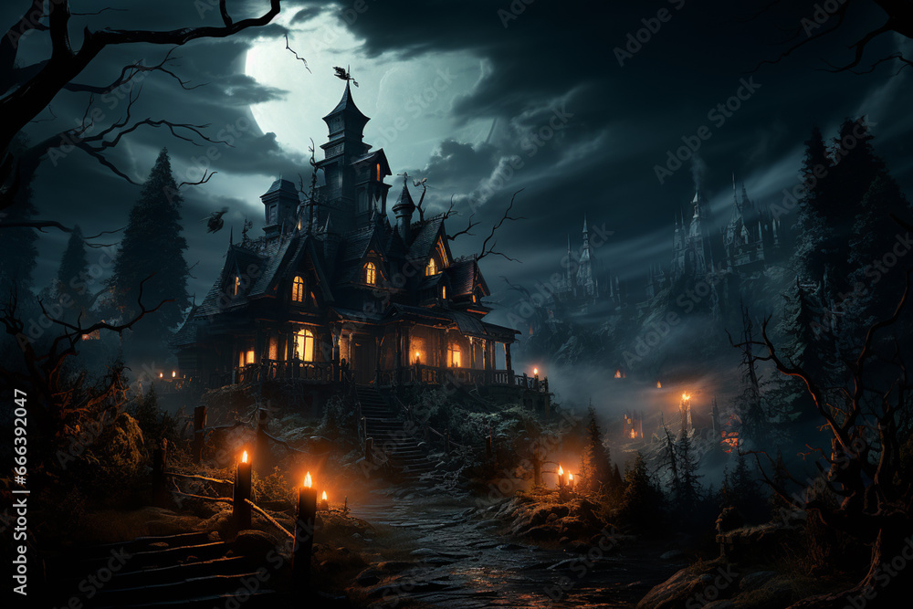 Poster a haunted mansion with a full moon and spooky clouds in the background.