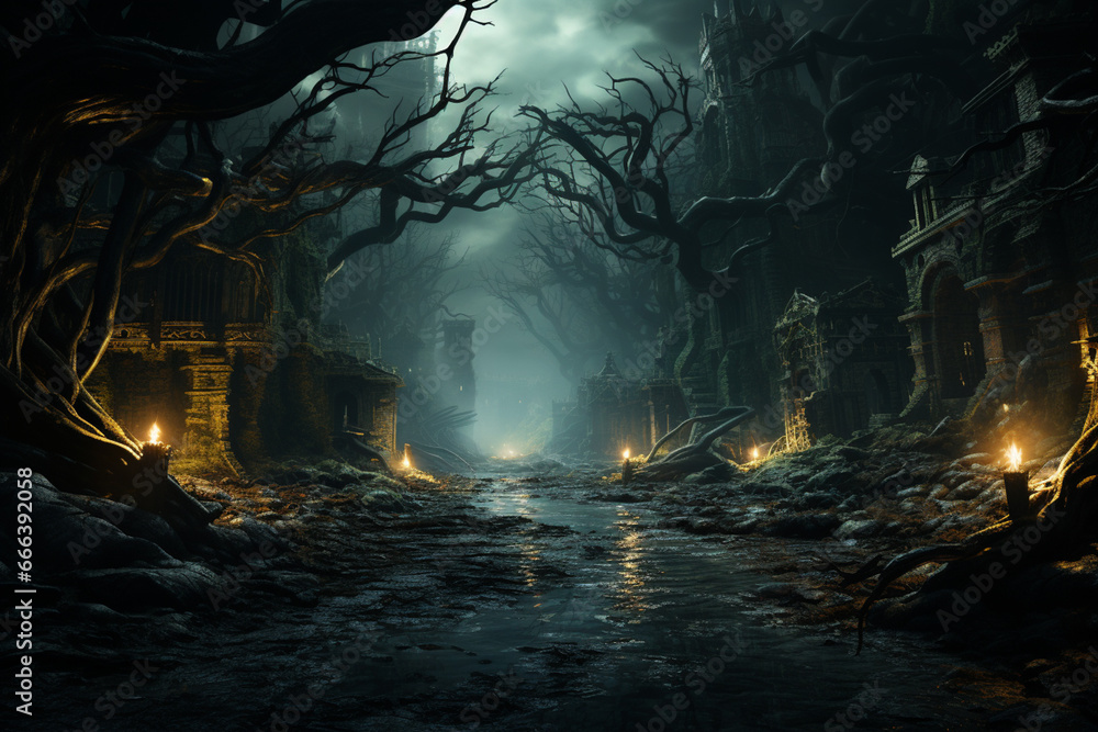 Poster a creepy forest with twisted trees and glowing eyes peering from the shadows.