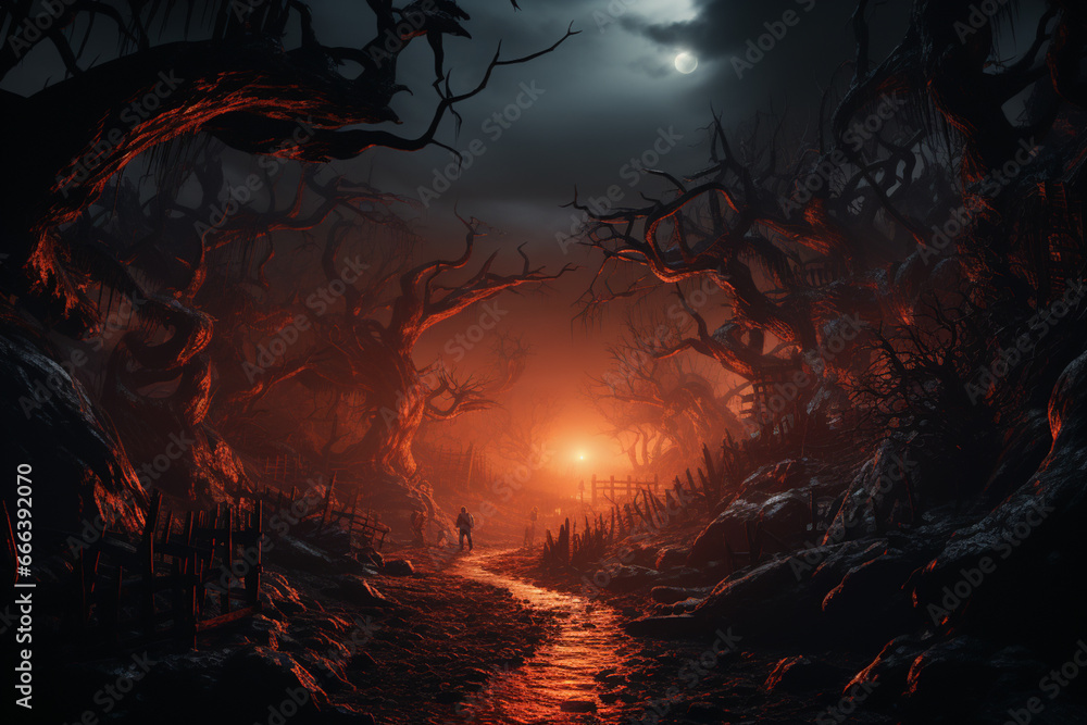 Aufkleber A creepy forest with twisted trees and glowing eyes peering from the shadows. 