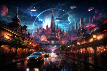 A futuristic cityscape with holographic fireworks and flying cars celebrating the New Year.  