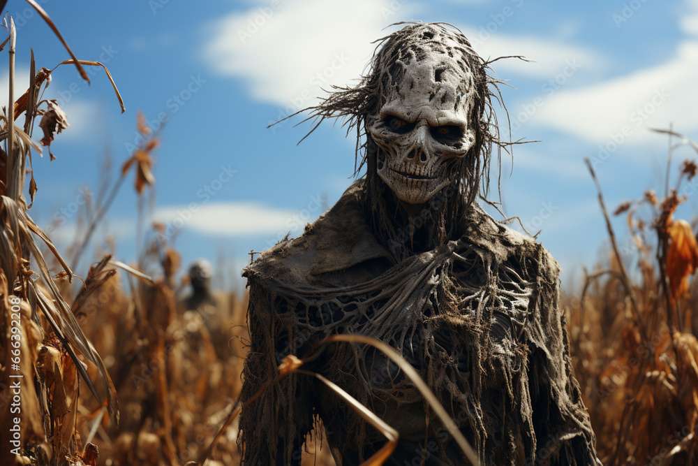 Poster A haunted scarecrow in a cornfield with glowing eyes and tattered clothes. 