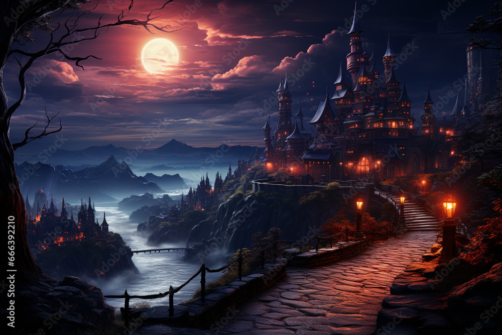 Poster a haunted house on a hill with a winding path leading up to it.