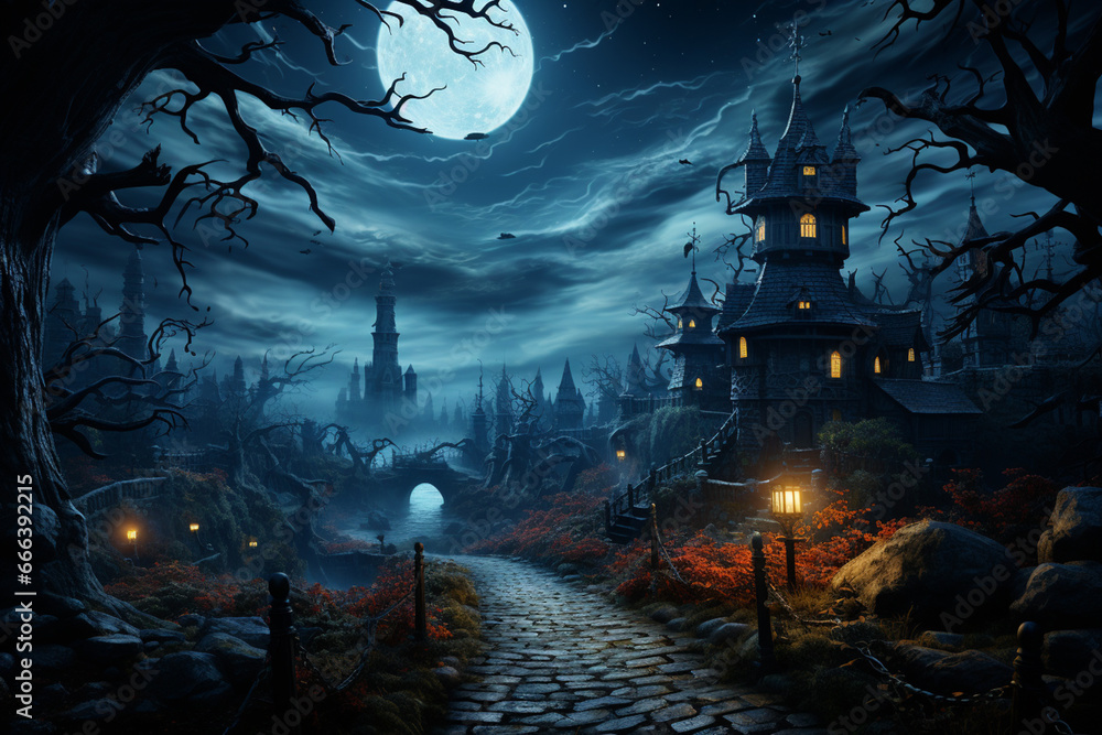 Poster a haunted house on a hill with a winding path leading up to it.