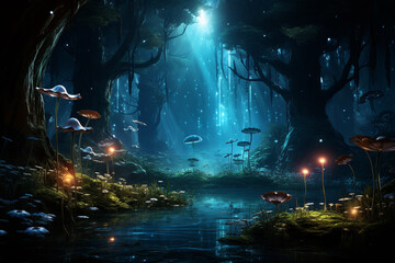 A haunted forest with creepy creatures lurking among the trees, illuminated by glowing fireflies.  