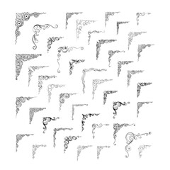 Obraz premium Frames big set of corners, ornate frame, decorative design scroll elements calligraphic isolated vector vector drawing. Greeting card, laser cutting, wedding decoration.