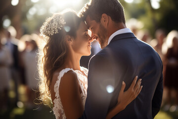 Groom and bride in wedding dresses on a crowded background - obrazy, fototapety, plakaty