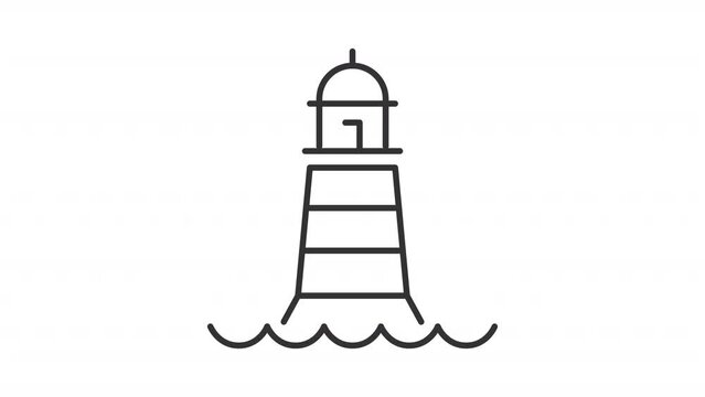2D black simple thin line animation of lighthouse icon, HD video with transparent background, seamless loop 4K video representing buildings.