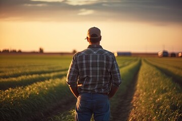 Rural bliss. Confident farmer at sunset. Fields of promise. Farmers harvest view. Agronomists journey. Walking wheat. Harvest silhouette