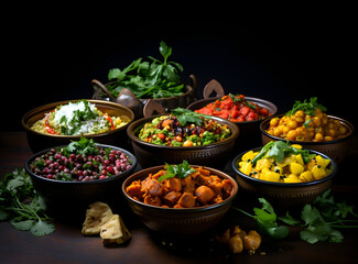Spicy Indian flavors showcased in vibrant bowls on a dark table