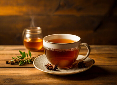 the essence of warmth and comfort in an image of a hot tea mug on a rustic wooden table.