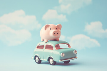 piggy bank stand on a vintage car, savings money for travel budget and journey trip, Generative Ai