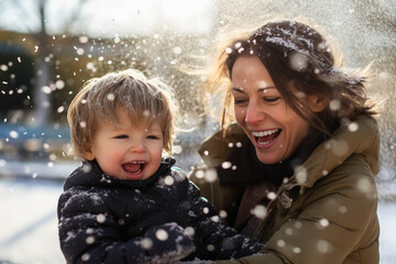 Mother playing with snow with child in front of house in winter