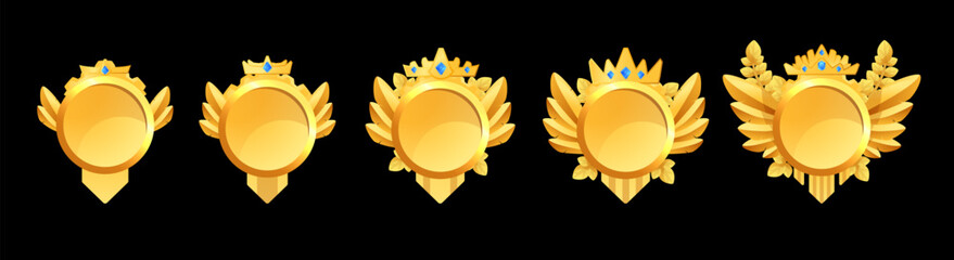 Set of game progress badges, golden medals, round award frame with gems, crown and wings, vector metal level achievement - obrazy, fototapety, plakaty