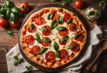 AI generated illustration of a delicious-looking pizza with basil leaves