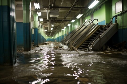 Urban subway station flooded by storm surge. Generative AI