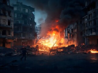 Cityscape at night destroyed by war. The bomb exploded resulting in a fire and destroyed buildings. Generative AI