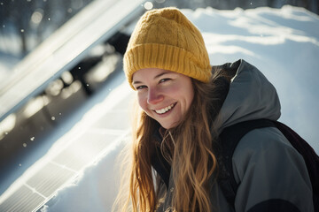 Obraz premium a happy woman in winter clothes cleaning solar cell in winter