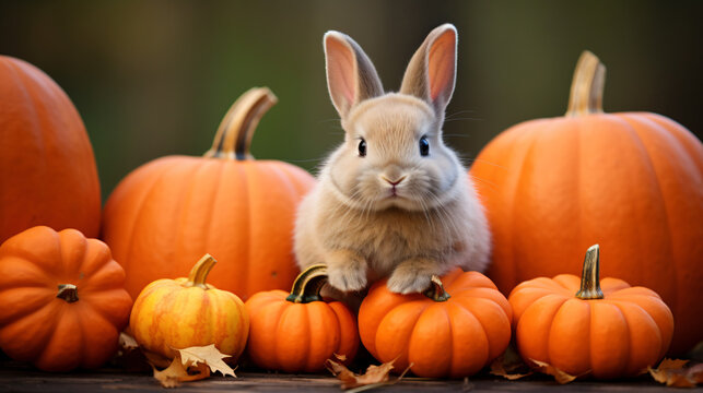 Cute rabbit and orange pumpkins