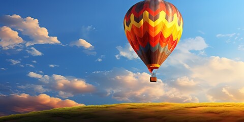 A rainbow-colored hot air balloon rises in a clear, cloudy sky - obrazy, fototapety, plakaty