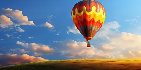 Foto op Canvas A rainbow-colored hot air balloon rises in a clear, cloudy sky © candra