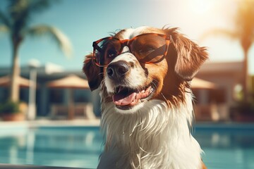 Happy dog relaxing by the pool.