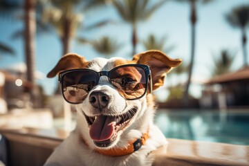 Happy dog relaxing by the pool.