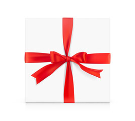 Realistic gift box with red bow. Vector illustration on white background. Can be use for decoration gifts, greetings, holidays, etc. EPS10.