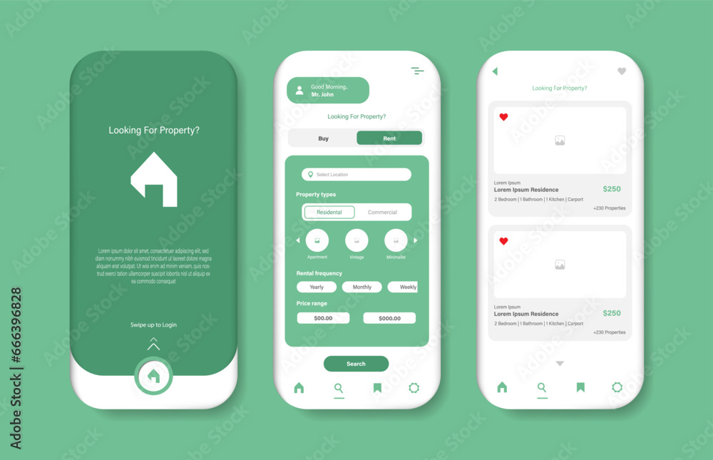 Poster buy real estate properties via online for mobile app. graphical user interface for responsive mobile
