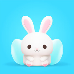 Cute baby rabbit with blue Easter eggs adorable kawaii character 3d icon realistic vector