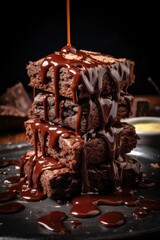 Stack of chocolate brownies with chocolate sauce