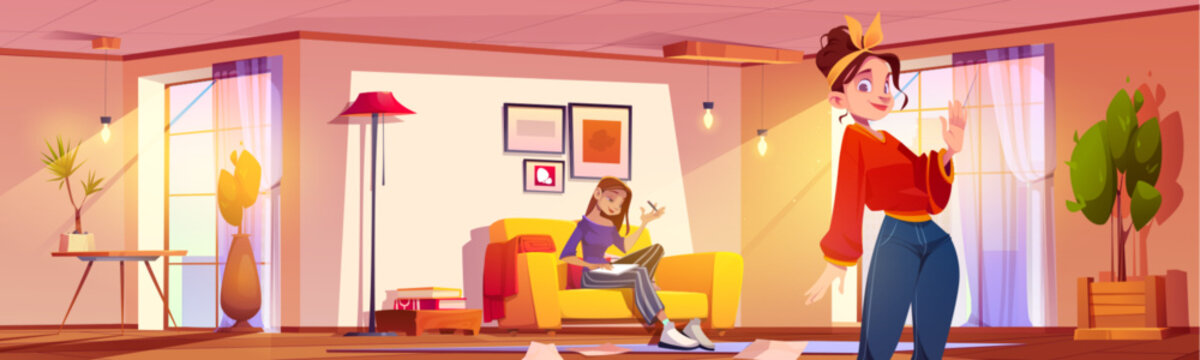 Female roommates in modern apartment. Vector cartoon illustration of young woman smiling, girl sitting on couch and writing in diary, light living room interior with furniture and large windows
