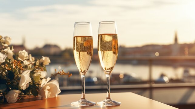 Glasses of champagne on romantic aesthetic scenery background, Anniversary or party celebration concept