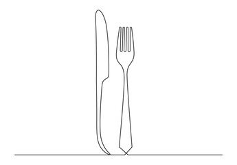 Continuous one line drawing of food tools spoon fork and knife for decoration restaurant menu in simple linear style vector illustration. Pro vector. 