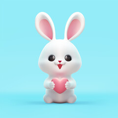 Smiling white rabbit with pink heart kawaii figurine toy 3d icon realistic vector illustration