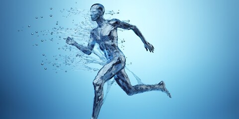 Fototapeta na wymiar illustration of a person running with water all over his body on a blue background