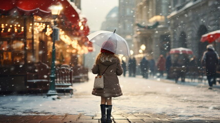 Joyful little girl in the background of city lights in the snow.