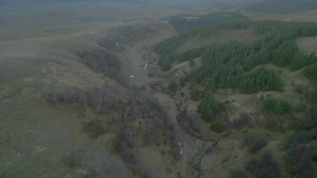 River mouth from above in foggy overcast weather, green spruces and trees without leaves growing along the banks. Early spring, there is unmelted snow on the ground. Drone video. Direct flight.