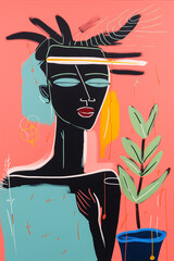 Abstract portrait of a beautiful African American woman in a hat. Vector illustration.