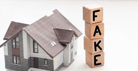 the word fake on wood cubes, banknotes and calculator on the background, business and finance concept