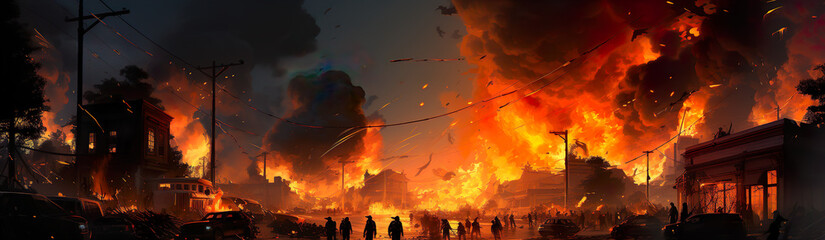 Riots And Fires On The City Streets. Illustration On The Theme Of Wars And Destruction, Unrest And Violence, Horror And Revolution. Generative AI