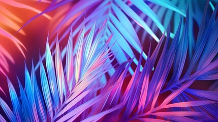 Tropical palm leaves in vibrant neon gradient, holographic colors. minimal art concept. Generative AI