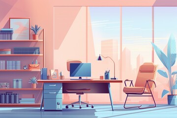 Abstract, beautiful, productive pastel office furniture, workplace, working hard in the office. Pleasant working atmosphere. Illustration. Generative AI