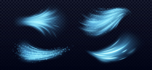Cool air flow effects set isolated on transparent background. Vector realistic illustration of blue light waves with shimmering particles, cold wind, fresh breeze whirlwind, magic power trail - obrazy, fototapety, plakaty