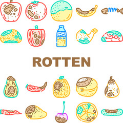 rotten food waste icons set vector. rubbish bad, trash, garbage fruit, vegetable bin, dirty kitchen, junk, reduce rotten food waste color line illustrations