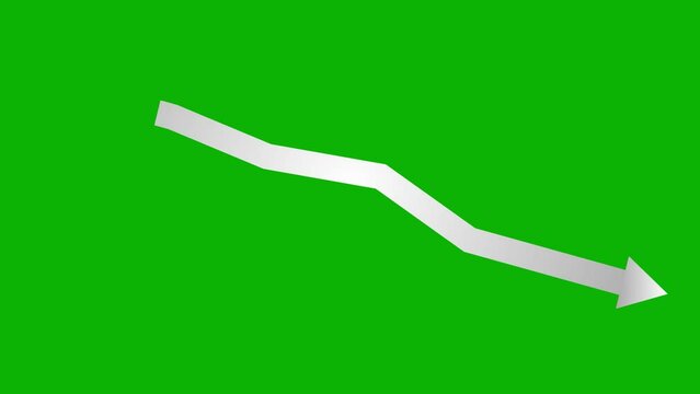 Animated silver arrow. Recession chart of economy. Economic crisis, recession, decrease graph. Profit down. Vector illustration isolated on green background.