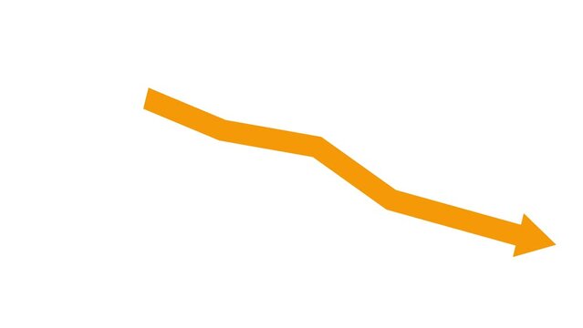 Animated orange arrow. Recession chart of economy. Economic crisis, recession, decrease graph. Profit down. Vector illustration isolated on white background.