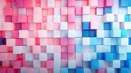 Texture background with random 3d cubic metal boxes in bright blue and red colors